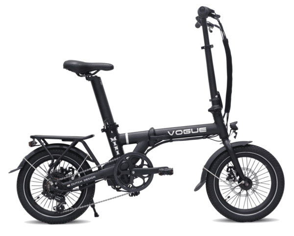 Vogue Mini elektrische vouwfiets in Matt Black, zijaanzicht met vouwscharnier